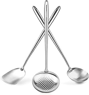Yosukata 17" Wok Spatula and Ladle Skimmer Spoon - Stainless Steel Cooking Utensils Set of 3-304 Stainless Steel Kitchen Utensils Set - Dishwasher Safe Wok Accessories - Wok Utensils - Cooking Tools