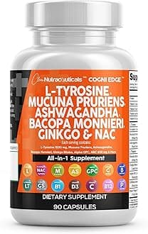 Clean Nutraceuticals L Tyrosine Mucuna Pruriens Bacopa Monnieri Ashwagandha Focus Supplement w/N-Acetyl Cysteine NAC 5-HTP Ginkgo Biloba Alpha GPC Vitamin C D B1 B12
