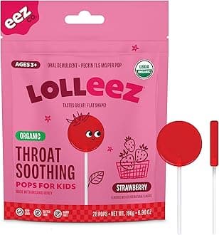 Lolleez Organic Lollipops for Kids Sore Throat Relief, Strawberry Perfect for Soothing A Sore Throat While Tasting Great, Strawberry Flavor, 28 Count
