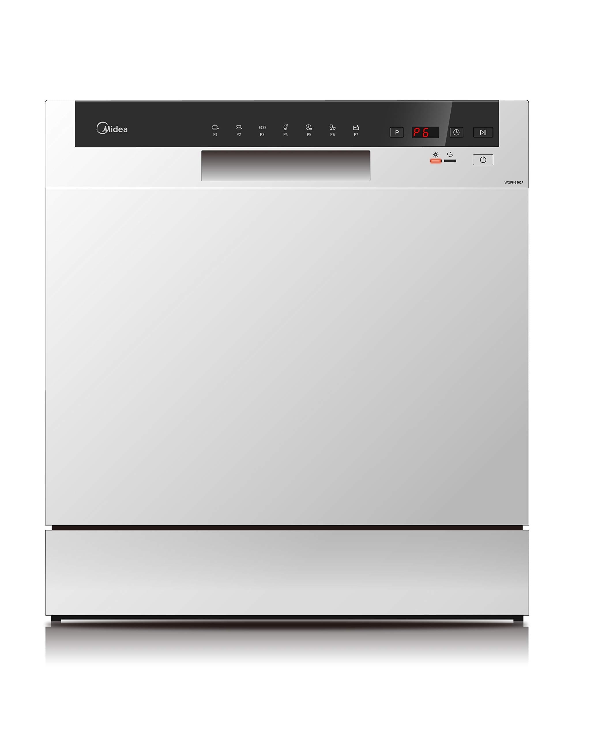 Midea Counter Top Dishwasher, Portable, 8 Place Settings, 7 Programs, Inverter Quattro, Silent & High Energy Efficient, Rapid Wash, Child Lock, Self Cleaning, 70 Intensive White, WQP8-3802F-S