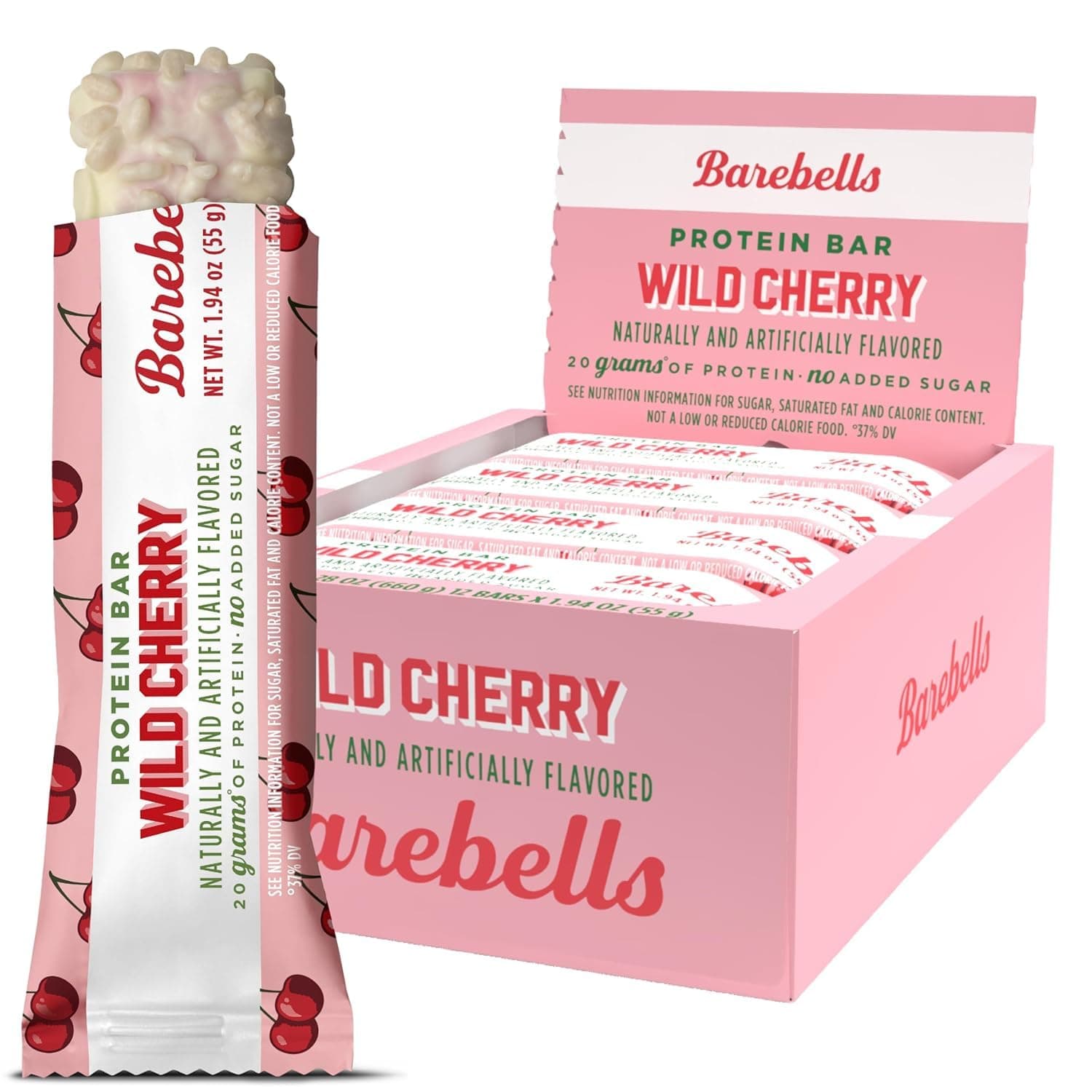 Barebells Protein Bars Wild Cherry - 12 Count, 1.94 oz Bars - Snacks with 20g of High Protein - Chocolate Nutrition Bar with 1g of Total Sugars - On The Go Snack & Breakfast Bars