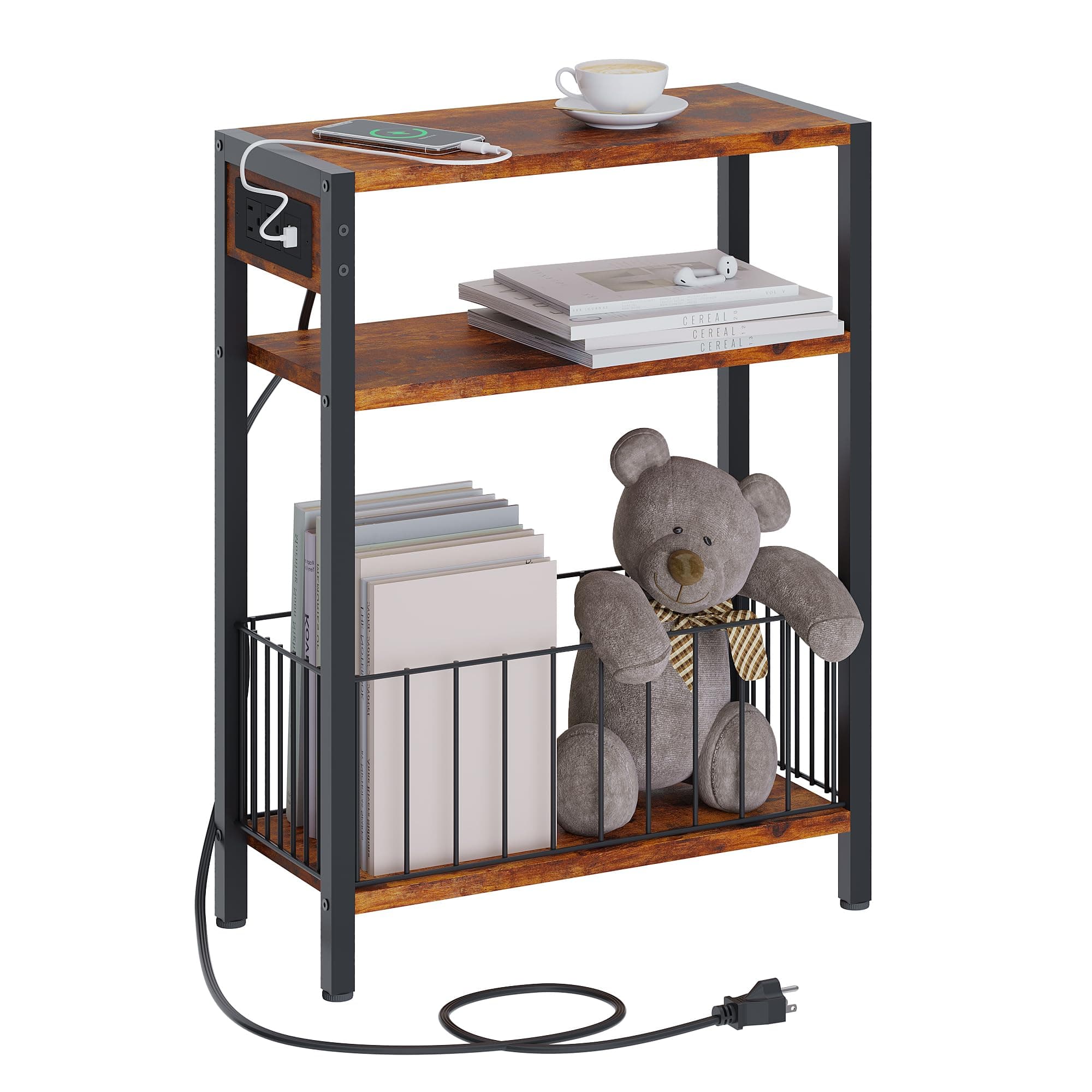 Narrow Side Table with Charging Station, Small End Table for Small Spaces, Slim Nightstand with Storage Basket, 3 Tier Skinny Bedside Table for Living Room, Bedroom, Rustic Brown