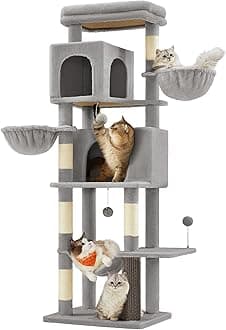 Feandrea Cat Tree, 69-Inch Tall Cat Tower, Multi-Level Plush Condo with 2 Caves, 2 Baskets, 5 Scratching Posts, Self-Groomer, Perch, Hammock, Dove Gray UPCT182G01
