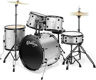 5-Piece Complete Full Size Adult Drum Set with Remo Batter Heads - Silver