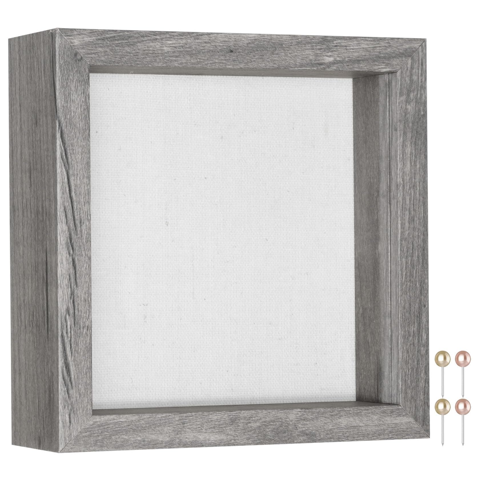 Califortree 5x5 Small Shadow Box Picture Frame with Soft Linen Back - Push Pins Included, Memory Shadow Box Display Case for Bouquet Awards Medals Wedding Photos and More, Gray