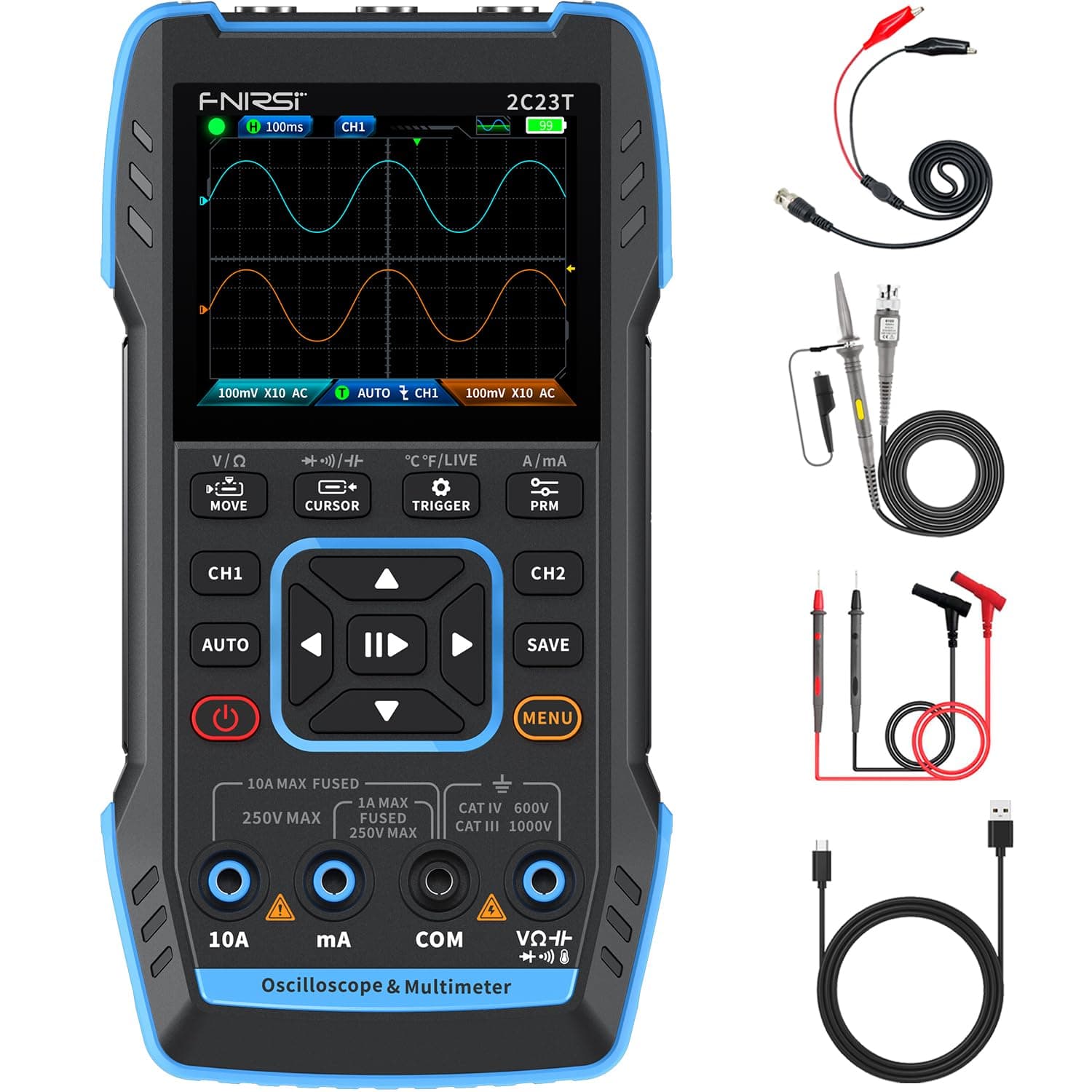 FNIRSI 2C23T 3 in 1 Handheld Oscilloscope Multimeter DDS Generator, 2 Channel, 10MHz Bandwidth, 50 MSa/s Sampling Rate, 10000 Count, Voltage, Current, Capacitor, Resistance, Diode Test
