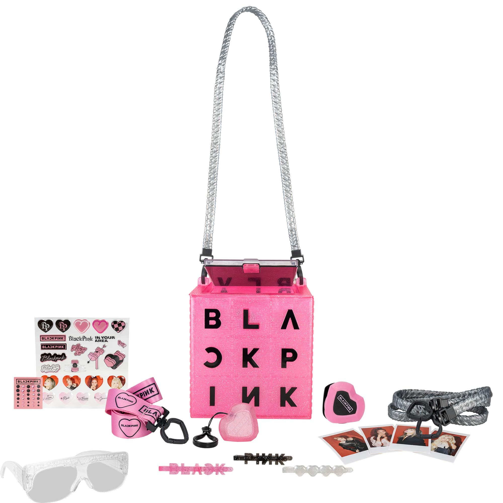 Blackpink VIP All Access Box - Includes 13 Surprises Inside, Like: Stickers, Polaroids of Lisa, Jennie, Jisoo & Rose, Phone Stand, Keychain/Lanyard, Glitter Barrettes, and Glitzy Glasses