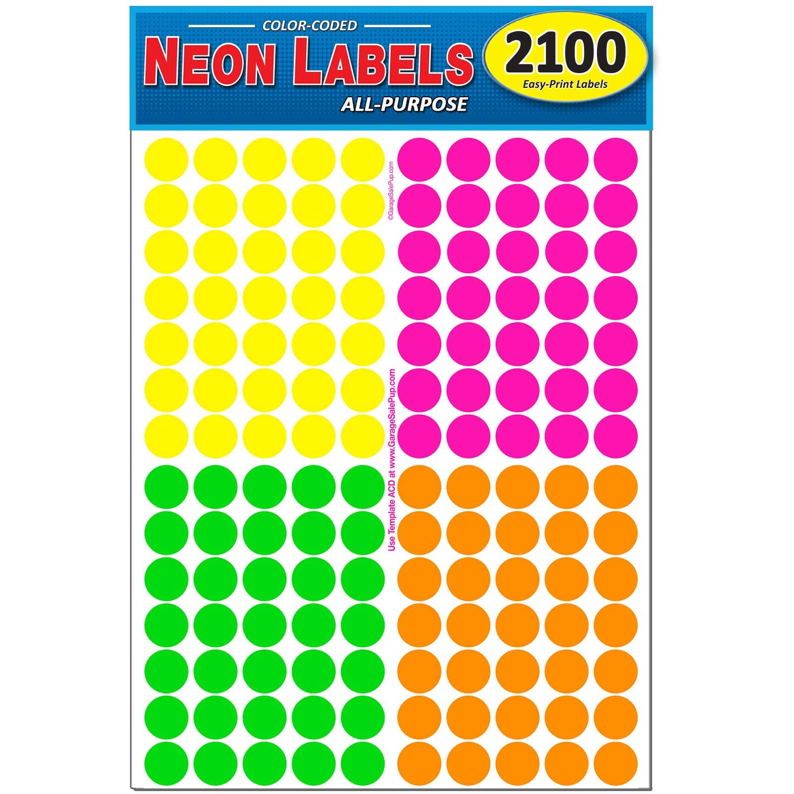 Pack of 2100 3/4" Round Color Coding Circle Dot Labels, Bright Neon Multicolored: Yellow, Pink, Green, Orange, 8 1/2" x 11" Sheet, Fits Any Printer…