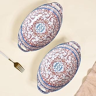 Nestasia Set of 2 Red and Blue Mandala Design Ceramic Serving Dish with Handles for Snacks, Appetizers, Salads, and Noodles| Microwave Safe, Dishwasher Safe (10.8 Inch)
