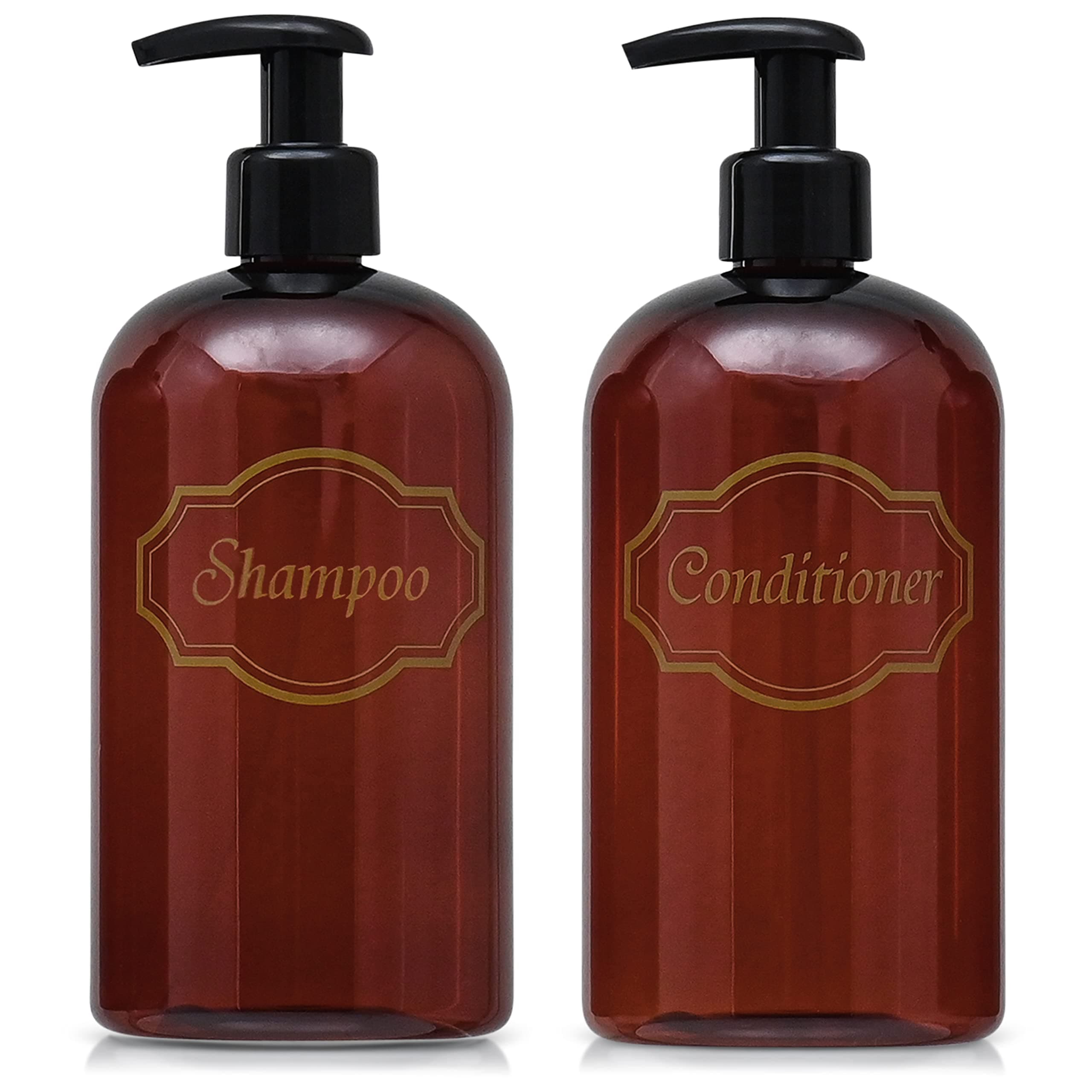 Bottiful Home-16 oz Shampoo and Conditioner Refillable Empty Plastic Pump Bottle Dispenser Set (Amber)