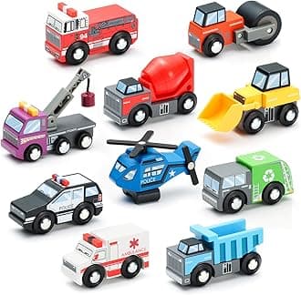 SainSmart Jr. Wooden Toy Cars (10 PCS), Train Set Accessories, Compatible with All Major Brands, Gift for Toddlers and Kids Aged 3+