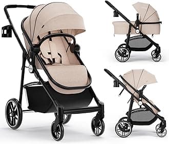 2 in 1 Baby Stroller, High Landscape Infant Stroller & Reversible Bassinet Pram, Foldable Pushchair with Adjustable Canopy, Cup Holder, Storage Basket, Suspension Wheels (Khaki)