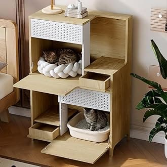 Cat Litter Box Enclosure Furniture Hidden Indoor 2-in-1 Wooden Cat House & Washroom Cabinet with Drawer for 2 Cats, 31.4"x15.7"x44.8"H