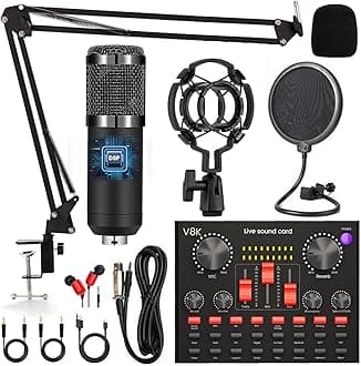 Podcast Equipment Bundle, Audio Interface with Cardioid Designer BM800 Mic for Gamer and All-in-One DJ Mixer, Perfect for Live Streaming, Singing, YouTube, Gaming (V8 Pro)