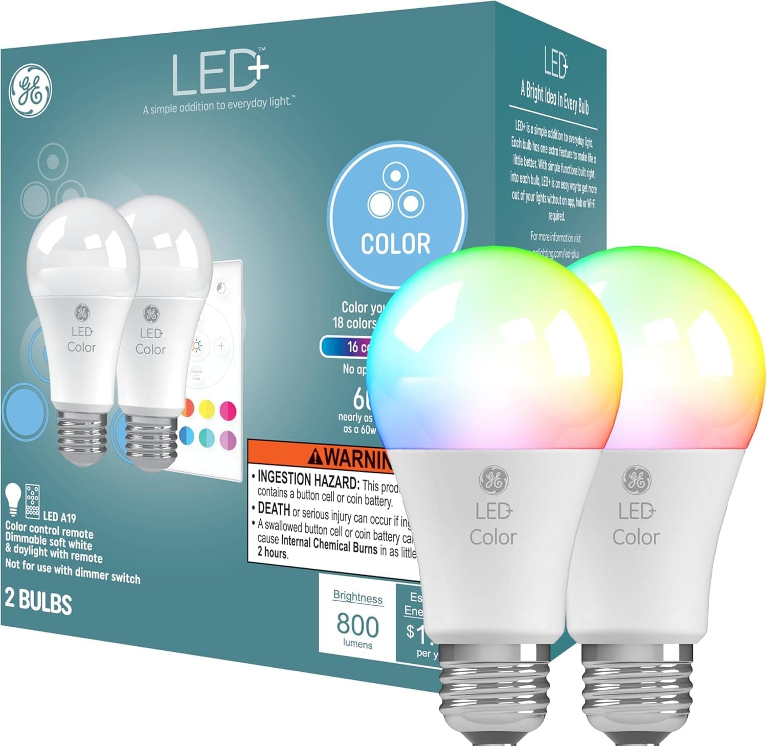 GE LED+ Color Changing LED Light Bulbs with Remote, No App or Wi-Fi Required, A19 Standard Bulbs (2 Pack)