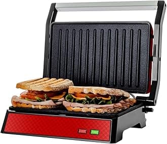 OVENTE Electric Indoor Panini Press Grill and Sandwich Maker with Non-Stick Coated Plates, Cool-Touch Handle and Removable Drip Tray, Opens 180 Degrees to Fit Any Type or Size of Food, Red GP0620R