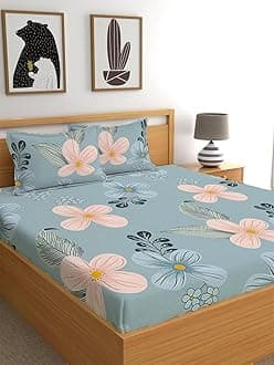 LOOMLYFE 300 TC Cotton Feel Glace Cotton Elastic Fitted Printed Queen Size Double Bed Bedsheet with 2 Pillow Covers Fits Upto 8 inches,Size- 60x78x10 Inches, Skypeachflower
