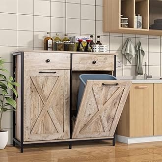 Anbuy Double Kitchen Trash Cabinets Dual Tilt Out Cabinet with Two Wood Hideaway Holder Drawers, Free Standing Recycling Trash Can Holder