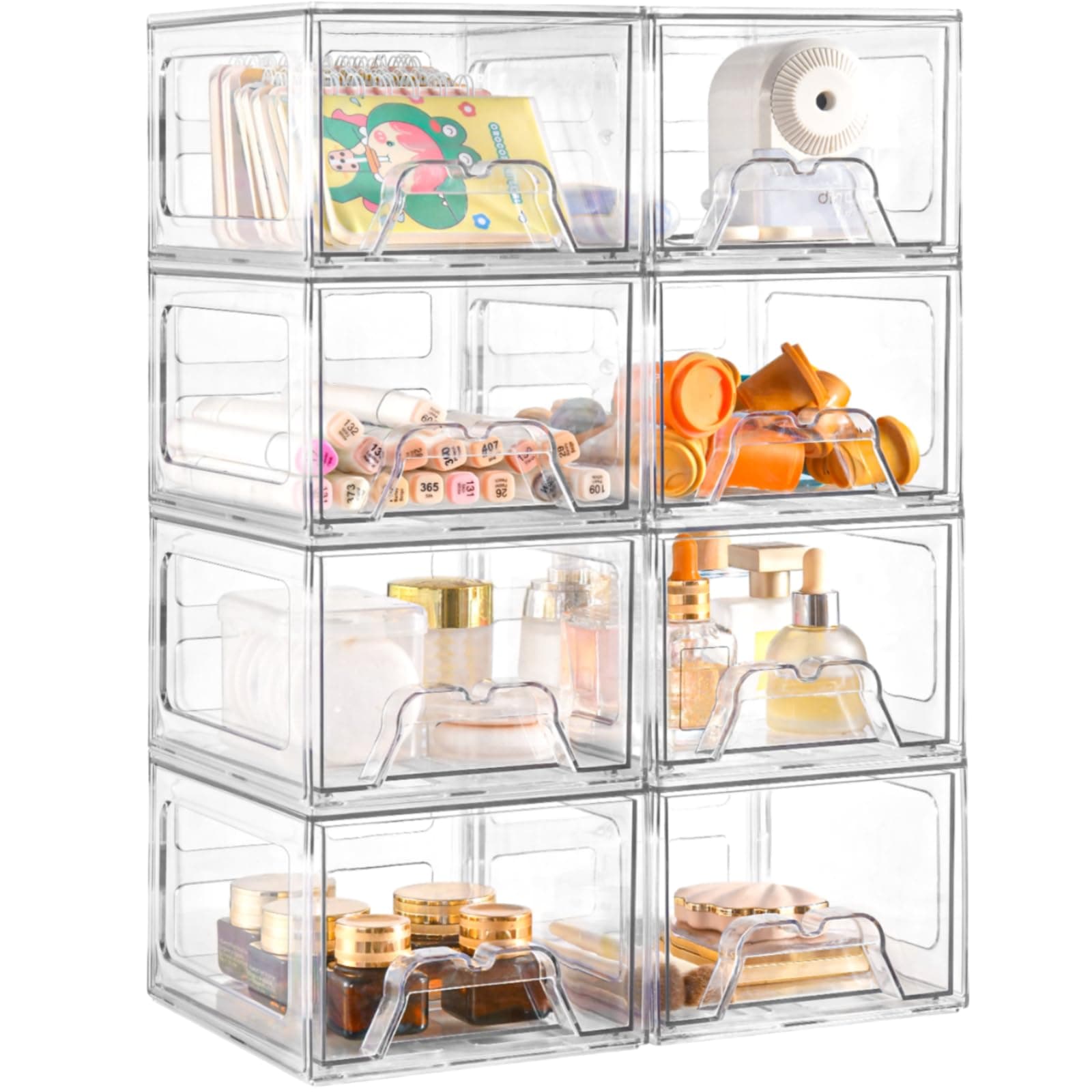 8 Pack Stackable Storage Drawers, Acrylic Bathroom Makeup Organizer and Storage,Clear Plastic Pull Out Drawers for Vanity, Undersink, Kitchen Cabinet, Pantry Organization and Storage