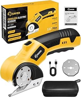 Saker Cordless Electric Scissors,Cardboard Box Cutter,4V Rechargeable Rotary Cutter with Safety Lock & LED Light,Cardboard Cutter for Cutting of Fabric, Leather, Carpet, Plastic, and More(2 Blades)