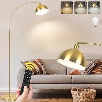 【Upgraded】 Arc Floor Lamps for Living Room - Stepless Dimmable Gold Tall Lamp with Remote Control & Color Temperature 9W LED Bulb, Over Couch Arched Reading Standing Lamp for Bedroom Brass