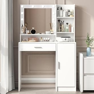 Vanity Desk with Mirror & Light, Large Drawer Three Level Storage Dresser, 3 Lighting Modes Adjustable Brightness, Bedroom Dressing Table (White)