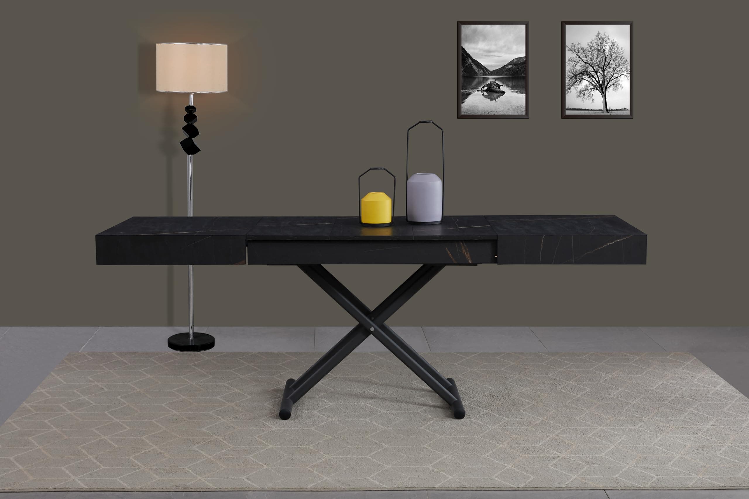 VOLERO' ; Table Lift-top Coffee to Dining Table,Transformable Space-Saving Table, Achille Large Model, Sliding Mechanism with Millimeter Height Adjustment (Black Veined)