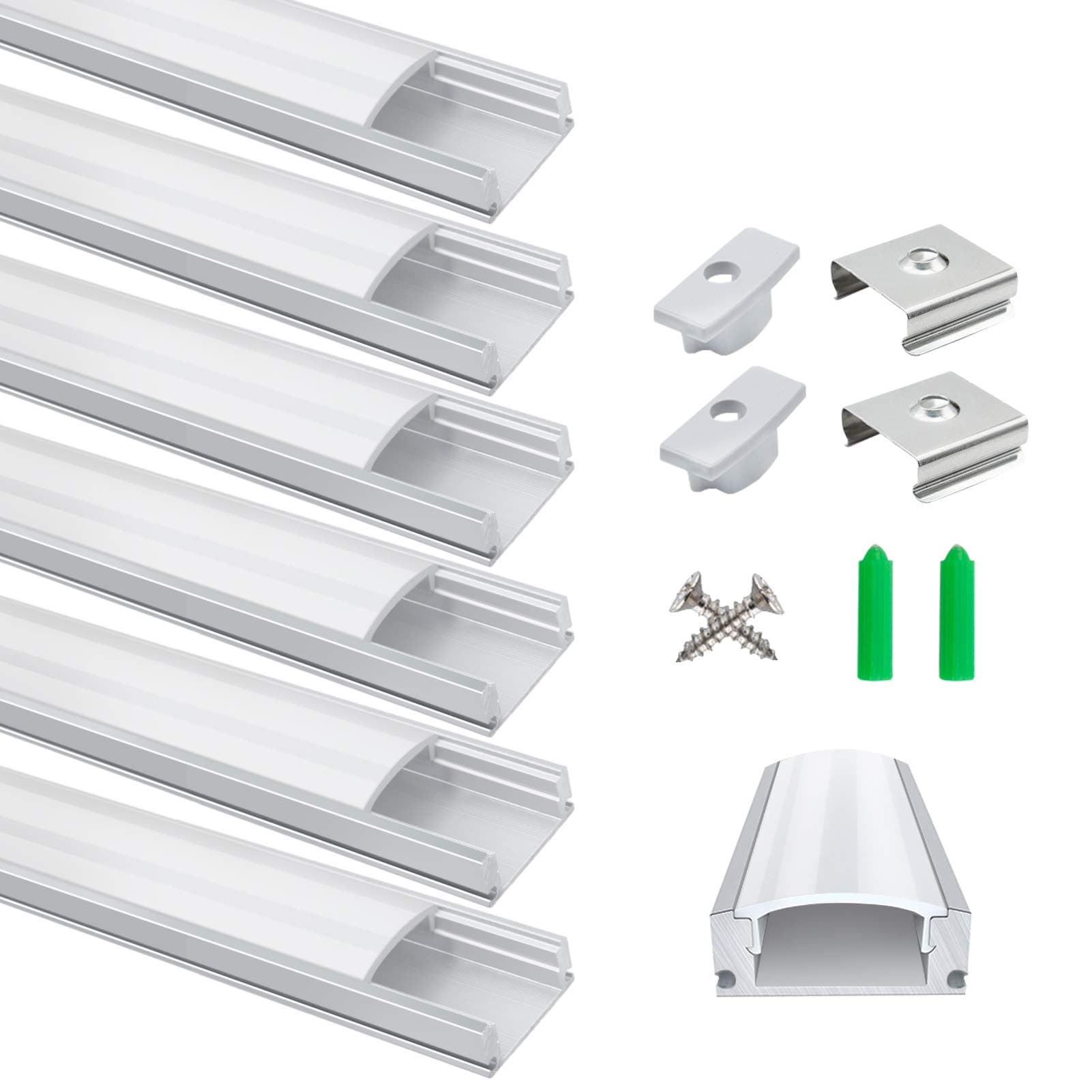 LightingWill 6-Pack LED Aluminum Profile, 3.3ft/1Meter LED Aluminum Channel Silver U-Shape LED Diffuser with Milky White Cover, End Caps and Mounting Clips for LED Strip Lights
