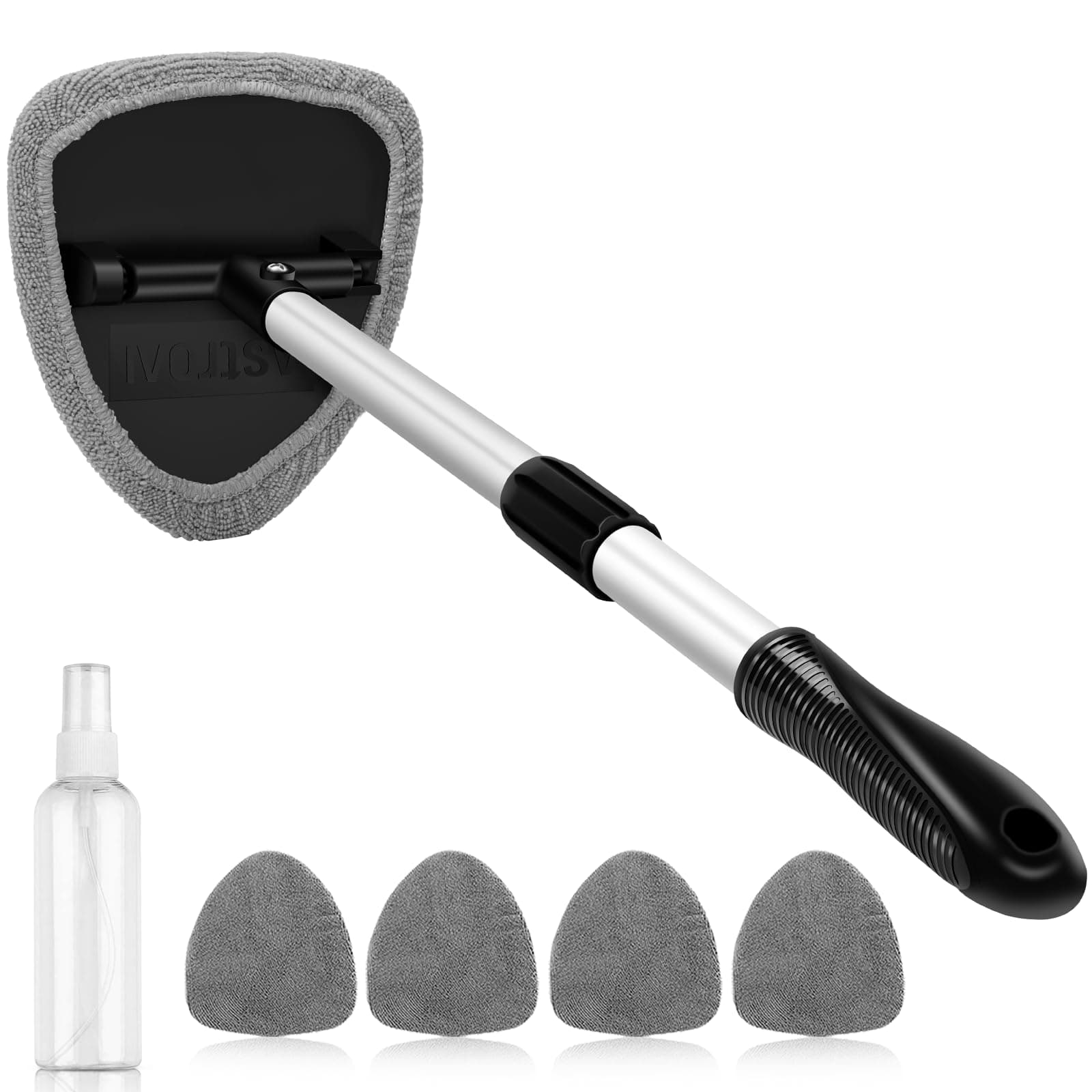 Windshield Cleaner Tool, Car Interior Window Detailing Cleaning Kit with Extendable Handle and 4 Easy-to-Install Reusable Microfiber Pads, Auto Glass Wiper Brush Kit for Car&Home, Gray, 21in