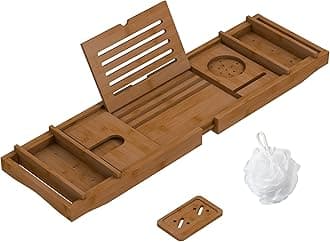 ZHUOYUE Bamboo Bathtub Tray Bath Tub Caddy with Expandable Handles Wine Glass Phone Holder Book Stand for Bathroom Luxury Spa Wooden Bath Table Board for Reading Laptop Over The Clawfoot tub (Walnut)