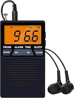 AM FM Pocket Radio,Mini Portable Radio, Battery Operated by 2 AA Batteries with Stereo Earphone, Large Digital Display, Time Display, Digtal Alarm Clock (Black)