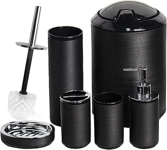 CERBIOR Bathroom Accessories Set 6 Piece Bath Ensemble Includes Soap Dispenser, Toothbrush Holder, Toothbrush Cup, Soap Dish for Decorative Countertop and Housewarming Gift, Black