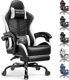 Gaming Chair, Computer Gaming Chairs for Adults with Footrest, Height Adjustable PC Game Chair with 90-155° Recline & Removable Headrest Lumbar Support, Black-White