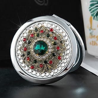 Vintage Compact Mirror, 3" Round, Green Stone, 1x/2x Magnification, Portable, Gift Boxed
