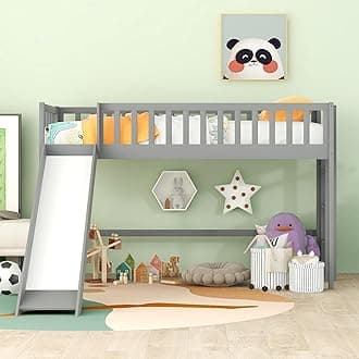 BellemaveTH-00052-E Children's Low Loft Bed, Pine, Grey with Slide, Twin