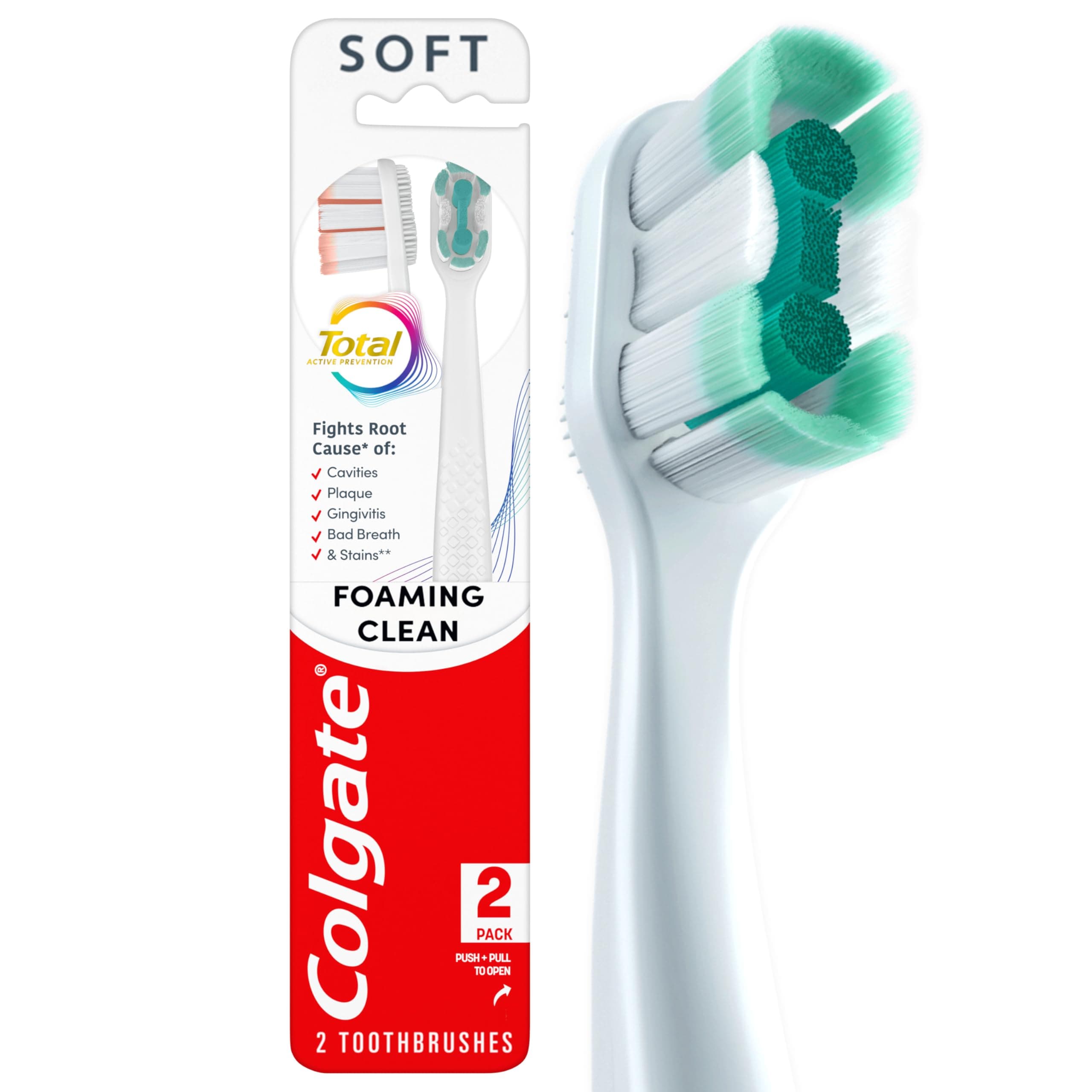 Colgate Total Active Prevention Foaming Clean Soft Toothbrushes, Soft Bristle Toothbrush Pack for Plaque Removal, Helps Reach Deeper Along The Gumline and Between Teeth, White, 2 Pack