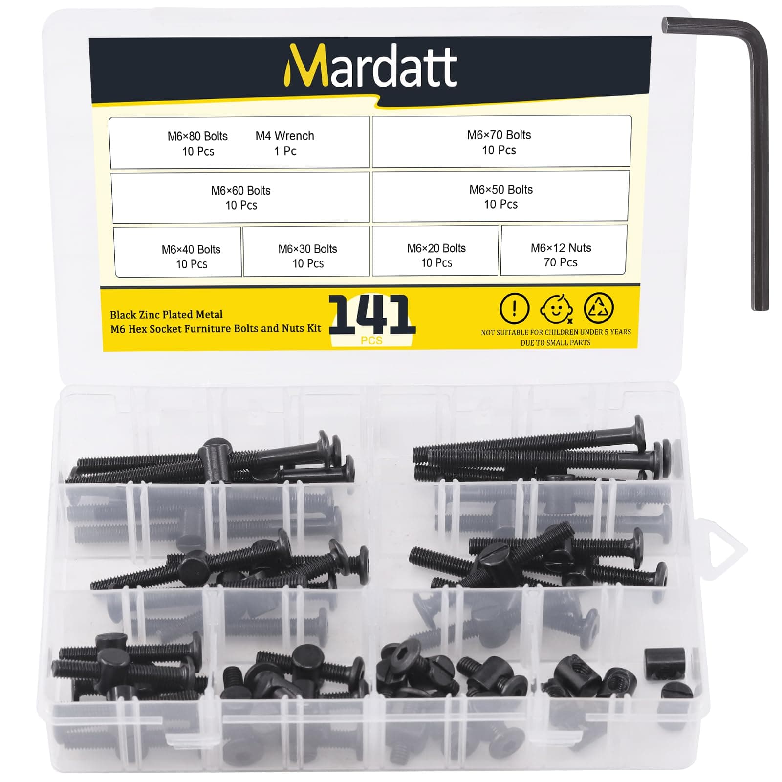 140Pcs M6 Crib Screws Hardware Replacement Kit Black Hex Socket Cap Bolts Crib Bolts and Barrel Nuts Cross Dowel Assortment Kit M6x20/30/40/50/60/70/80mm for Furniture