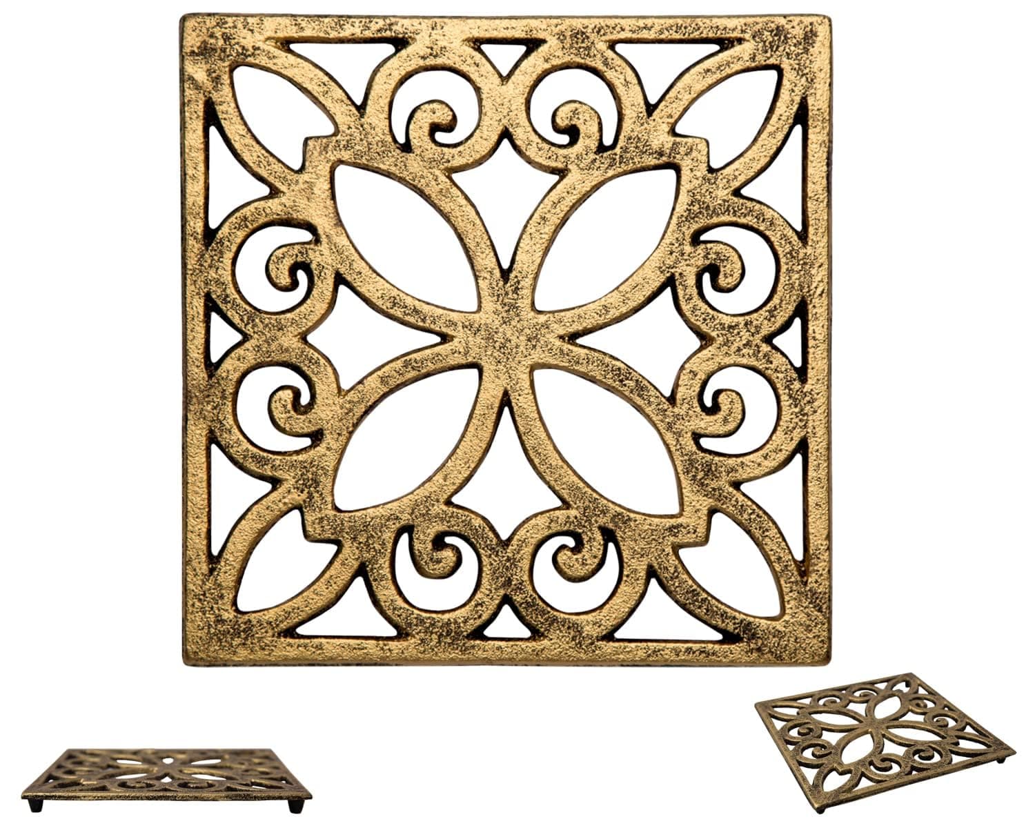 Comfify Decorative Cast Iron Trivet for Kitchen or Dining Table – Square with Vintage Pattern – 6.5" x 6.5" – Rubber Pegs – Recycled Rustic Metal – Gold with Black