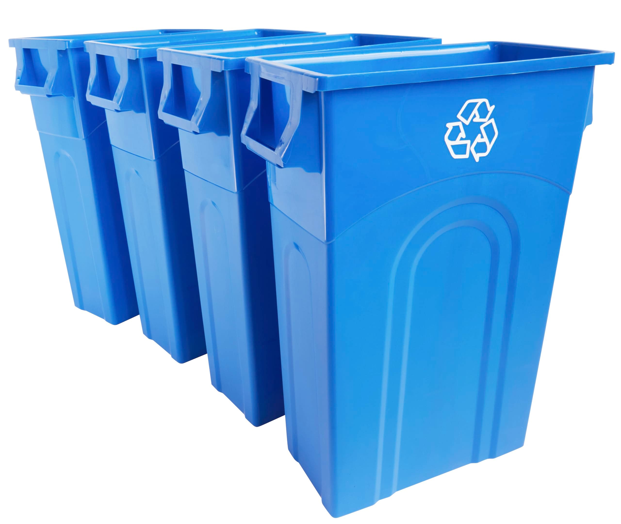 United Solutions Highboy Recycling Bin, 23 Gallon, Space Saving Slim Profile and Simple Bag Removal, Indoor or Outdoor Use, Integrated Handles for Easy Carrying, 4-Pack, Plastic, Recycle Blue