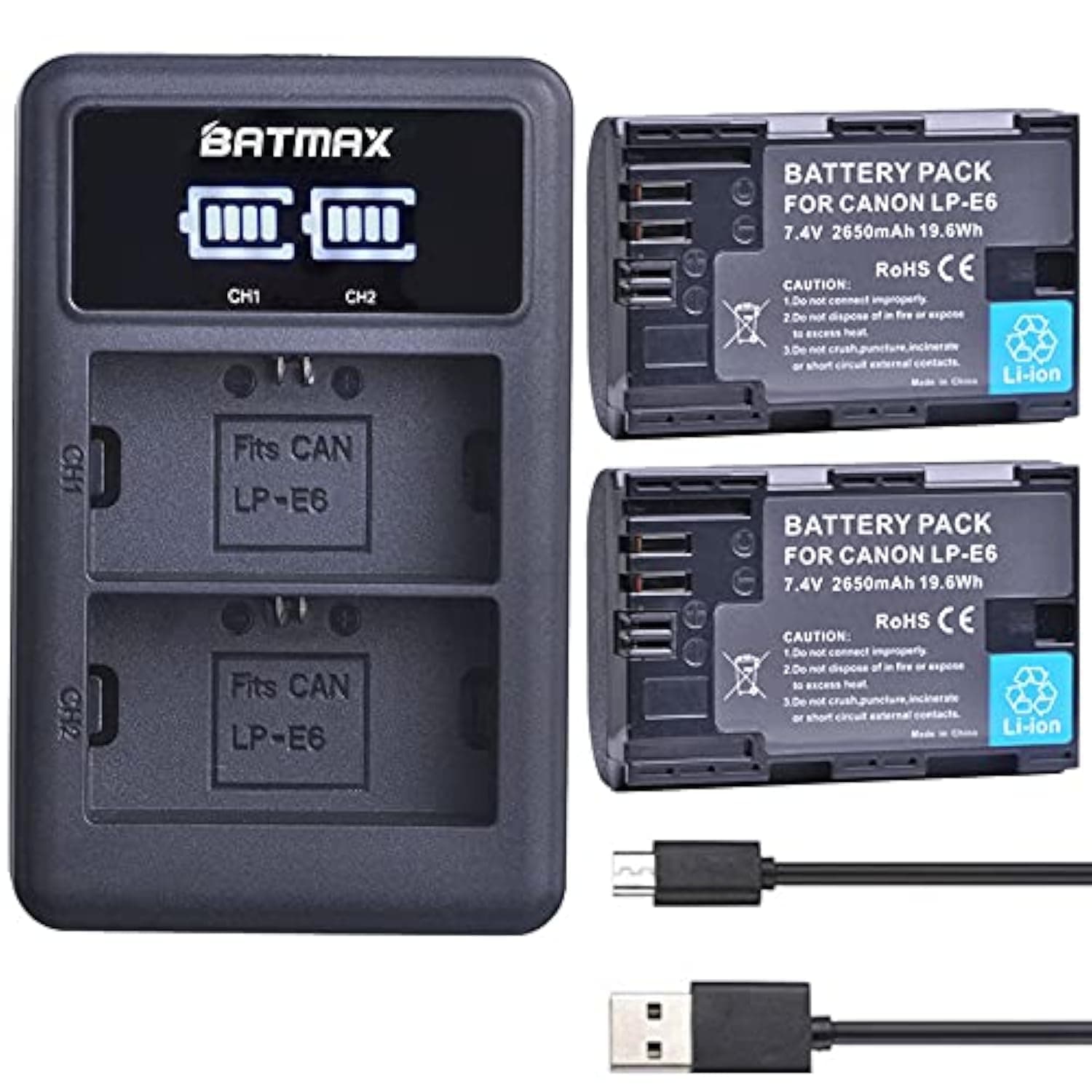 Batmax 2Pcs 2650mAh LP-E6 LP-E6N Battery + LED Dual Charger for Canon EOS R, R5, R6, Ra, XC10, XC15, 5D Mark II/III/IV, 5DS, 5DS R, 6D, 6D Mark II, 7D, 7D Mark II, 70D, 80D Cameras