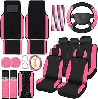 BBTO 43 Pcs Car Accessories Set for Women Front Seats and Rear Bench Polyester Car Seat Protectors Wheel Cover Seat Floor Mats Full Crystal Automotive Interior Decor(Pink and Black)