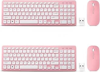 2 Pack Wireless Keyboard and Mouse Combo, Compact Quiet Wireless Keyboard and Mouse Set 2.4G Ultra-Thin Sleek Design for Windows, Computer, Desktop, PC, Notebook, Laptop (Pink)