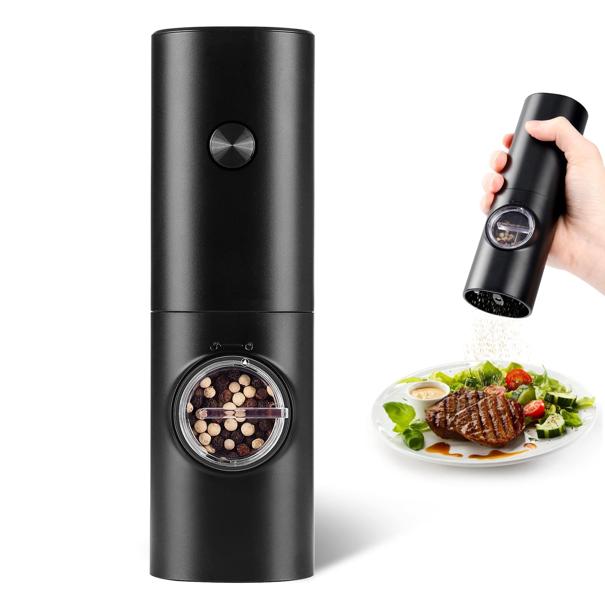 Electric Pepper Grinder or Salt Mill, Battery Powered Automatic Pepper Mill, Ceramic Grinder with Adjustable Coarseness, LED Light, One Hand Operation (1 pack)