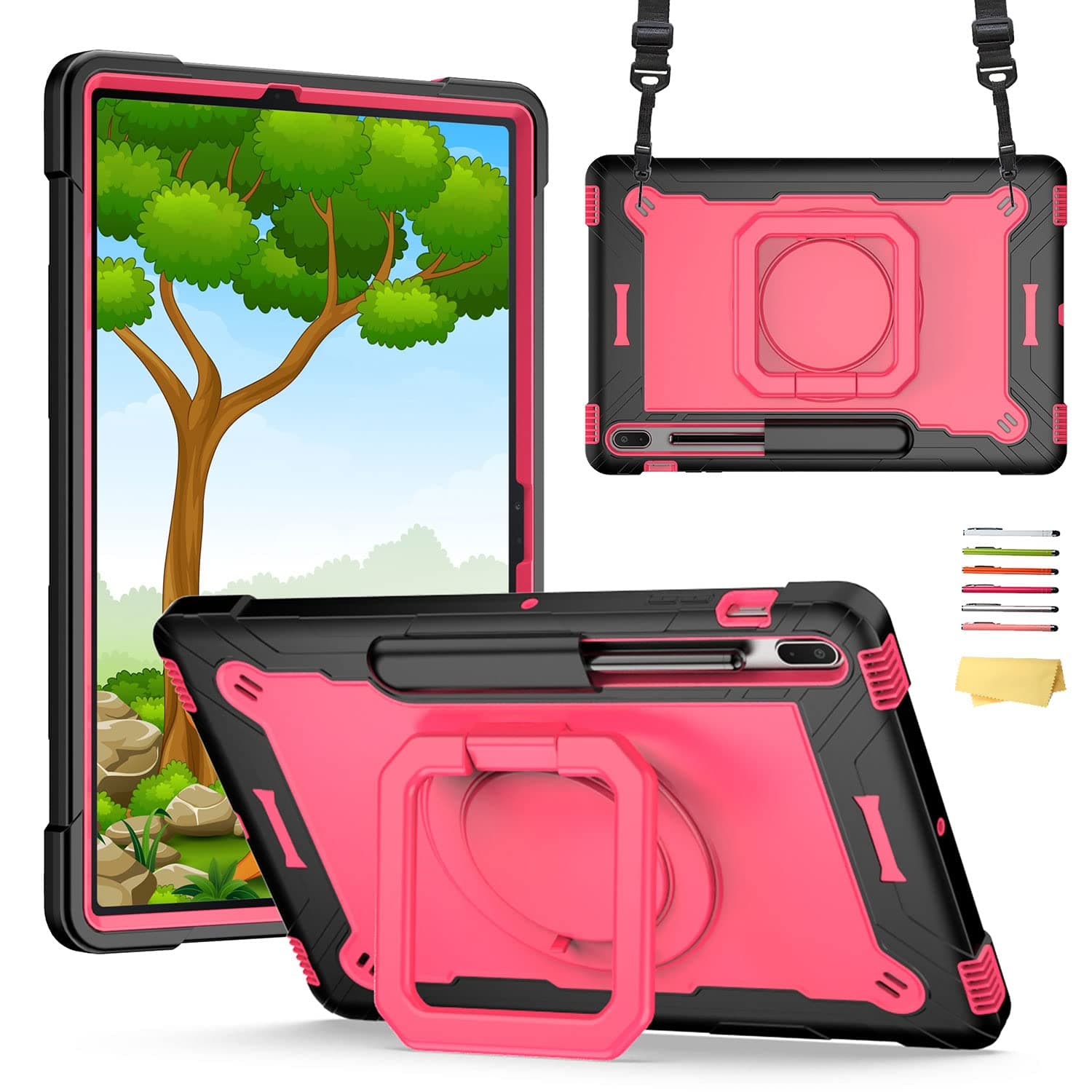 Stand Case for Samsung Galaxy Tab S8 Plus 2022/Tab S7 FE 5G 2021/Tab S7 Plus 2020 12.4 inch 360 Degree Rotating Kickstand,with Hand/Shoulder Strap Rugged Shockproof Cover, Black & Rose Red