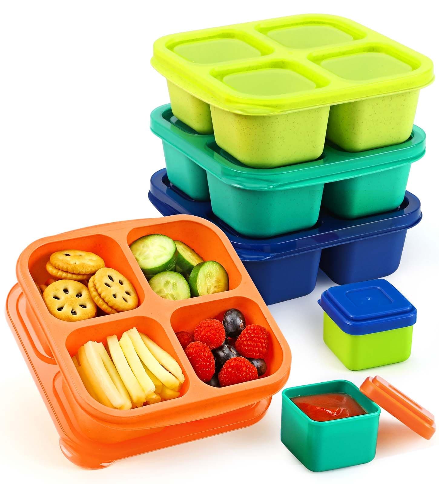 Caperci Lunchable Snack Containers - 4 Pack Bento Snack Boxes with 4-Compartment, 2 Leakproof Dip Cups, Reusable Divided Food Containers for School, Work, Travel (Jewel Brights)