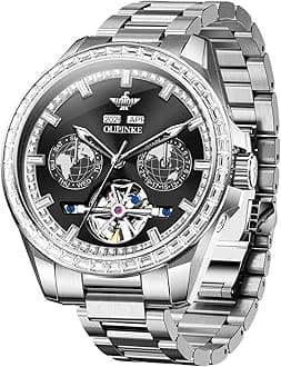 Watch for Men Automatic Wristwatch Diamond Sapphire Crystal Skeleton Luminous 3D Dial with 5ATM Waterproof Luxury Stainless Steel Strap