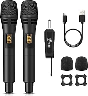 Wireless Microphone, UHF Metal Wireless Handheld Dynamic Microphone System with Rechargeable Receiver, 1/4" Output for Amplifier, PA System, Karaoke Machine, 60m, Black