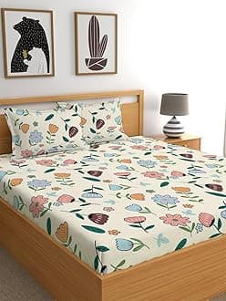 300 TC Cotton Feel Glace Cotton Elastic Fitted Printed Queen Size Double Bed Bedsheet with 2 Pillow Covers Fits Upto 8 inches,Size- 60x78x10 Inches, Peach Flower