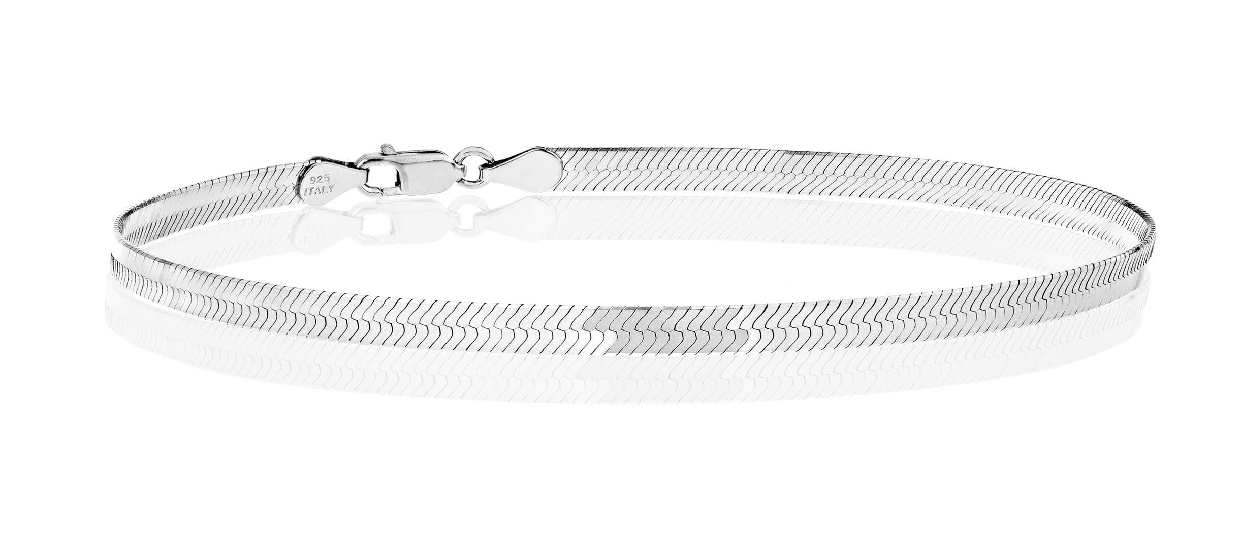 925 Sterling Silver Italian Solid 3.5mm Flexible Flat Herringbone Link Chain Anklet Ankle Bracelet for Women, Made in Italy