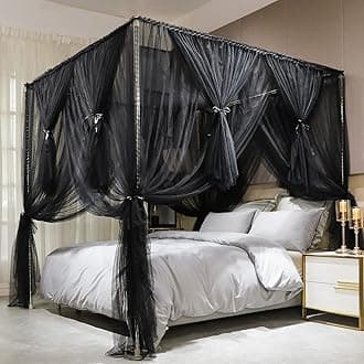 Joyreap 4 Corners Post Canopy Bed Curtain Black- Royal Luxurious Cozy Drapes Netting- Elegant Bedroom Decoration Accessories for Adults (47" W x 78" L, Twin)